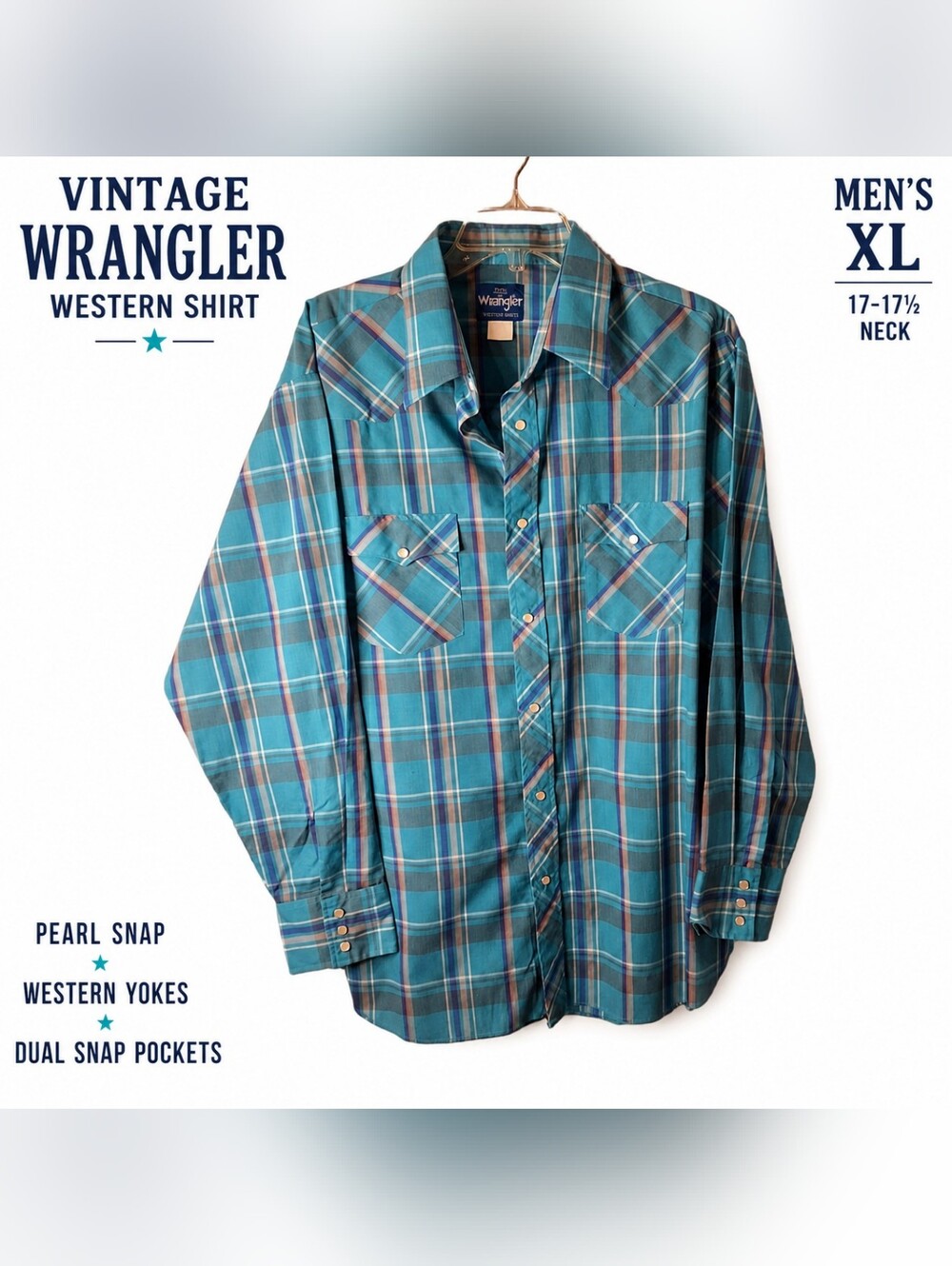 Vintage Wrangler Men's Teal Plaid Pearl Snap Western Shirt Size XL